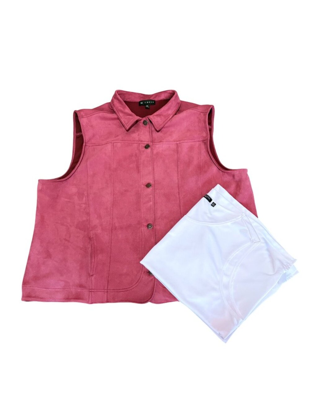 N Touch Pink Button-Up Faux Suede Vest + Notations White Tank Top Set Women 3X
